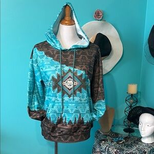 SHEIN Blue and Brown Geometric Hoodie